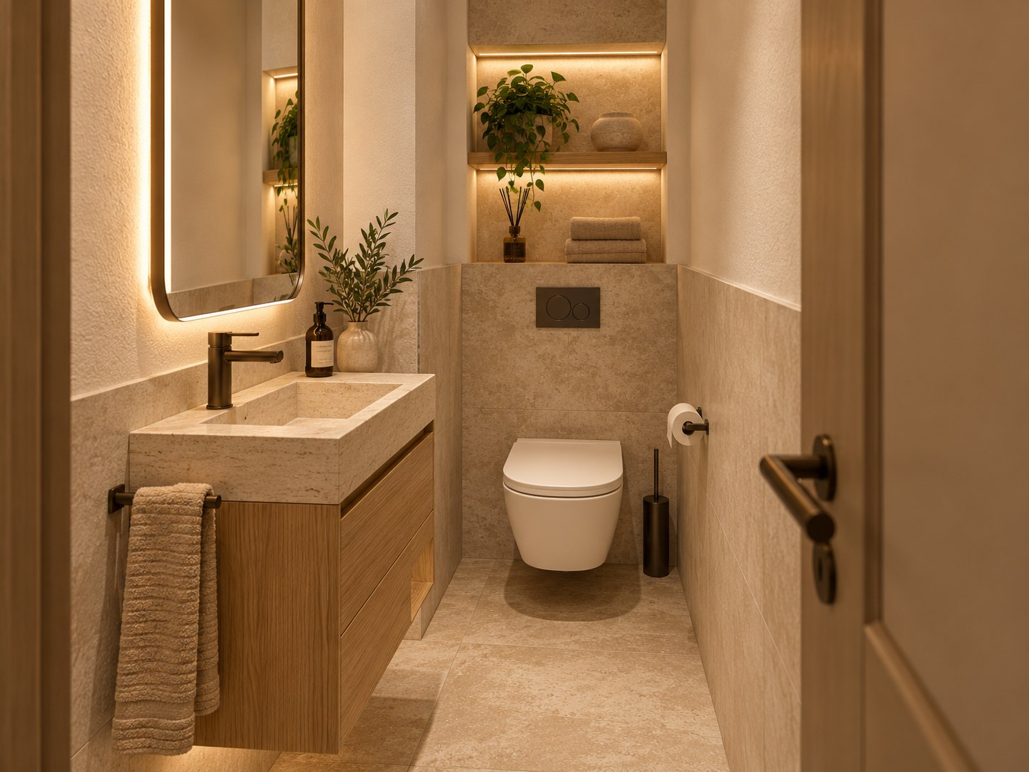 Bagno stretto con sanitari sospesi e nicchia illuminata