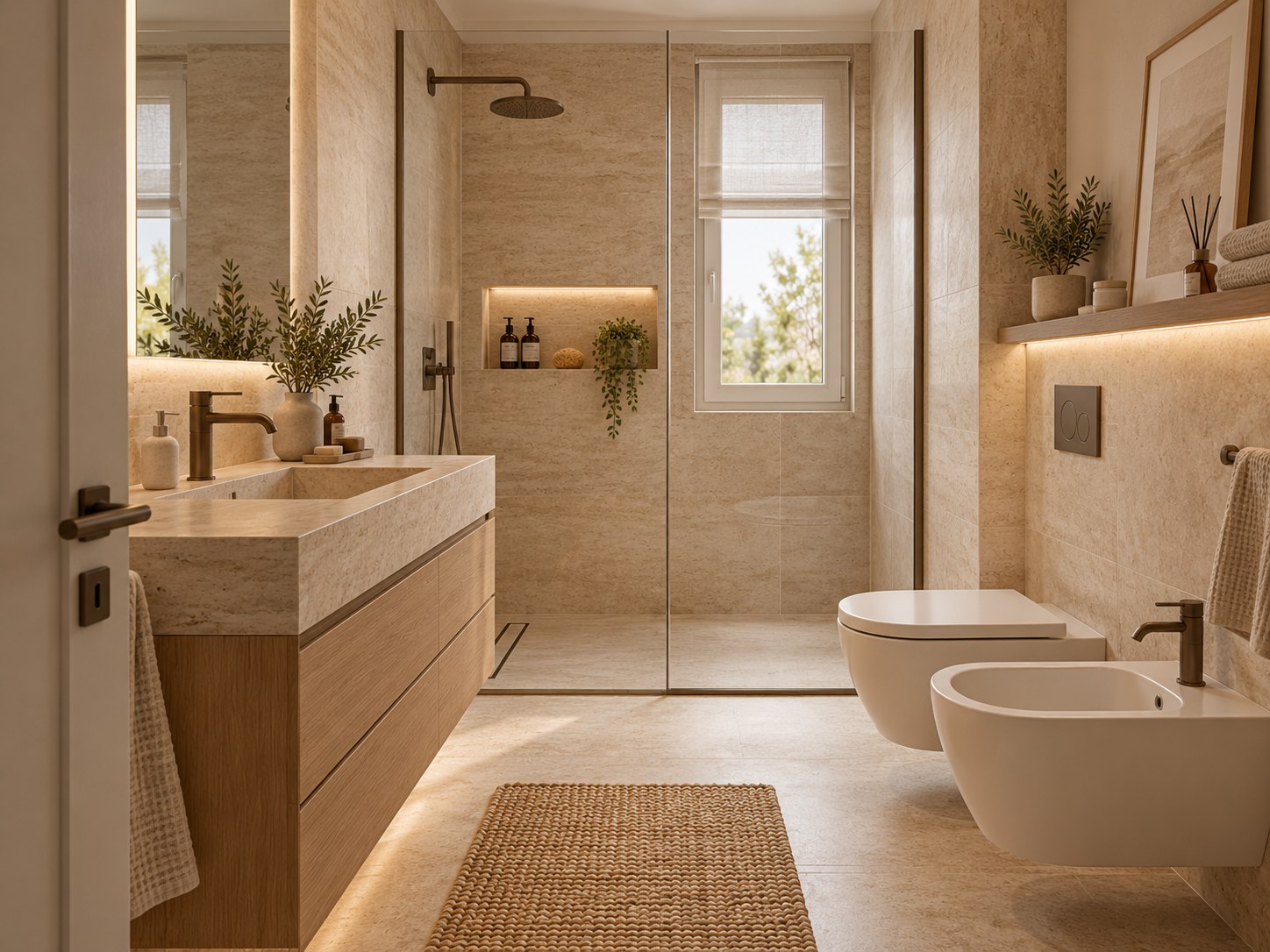 Bagno con doccia, lavabo in pietra e sanitari sospesi