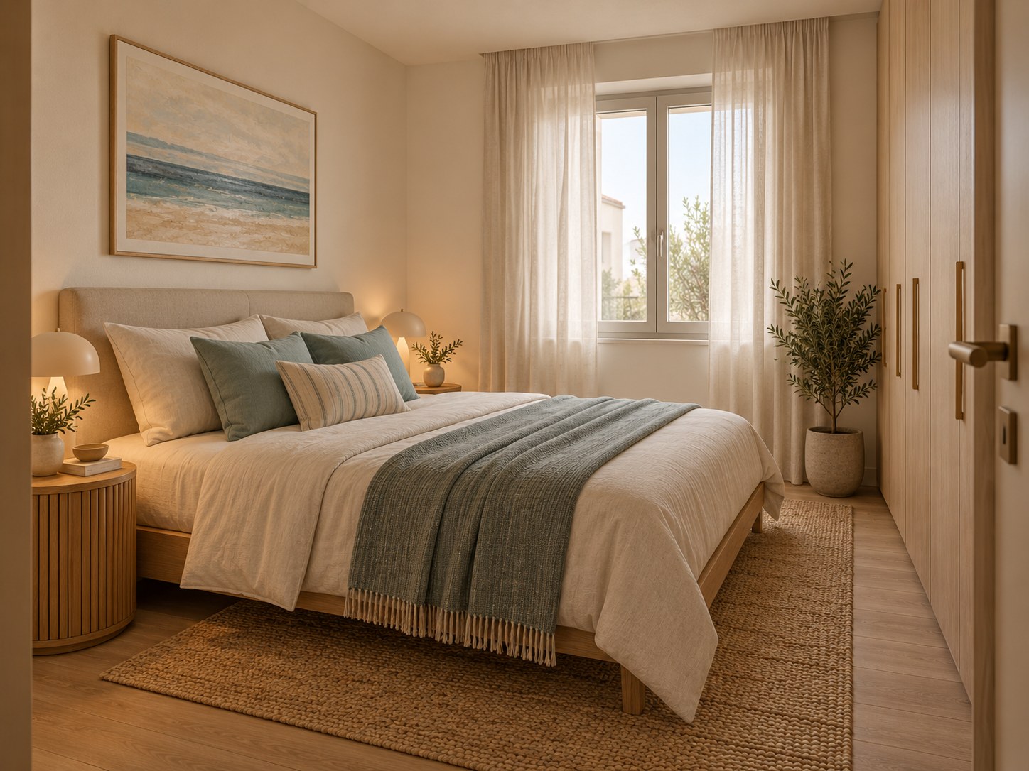 Camera con letto, tende in lino e armadi