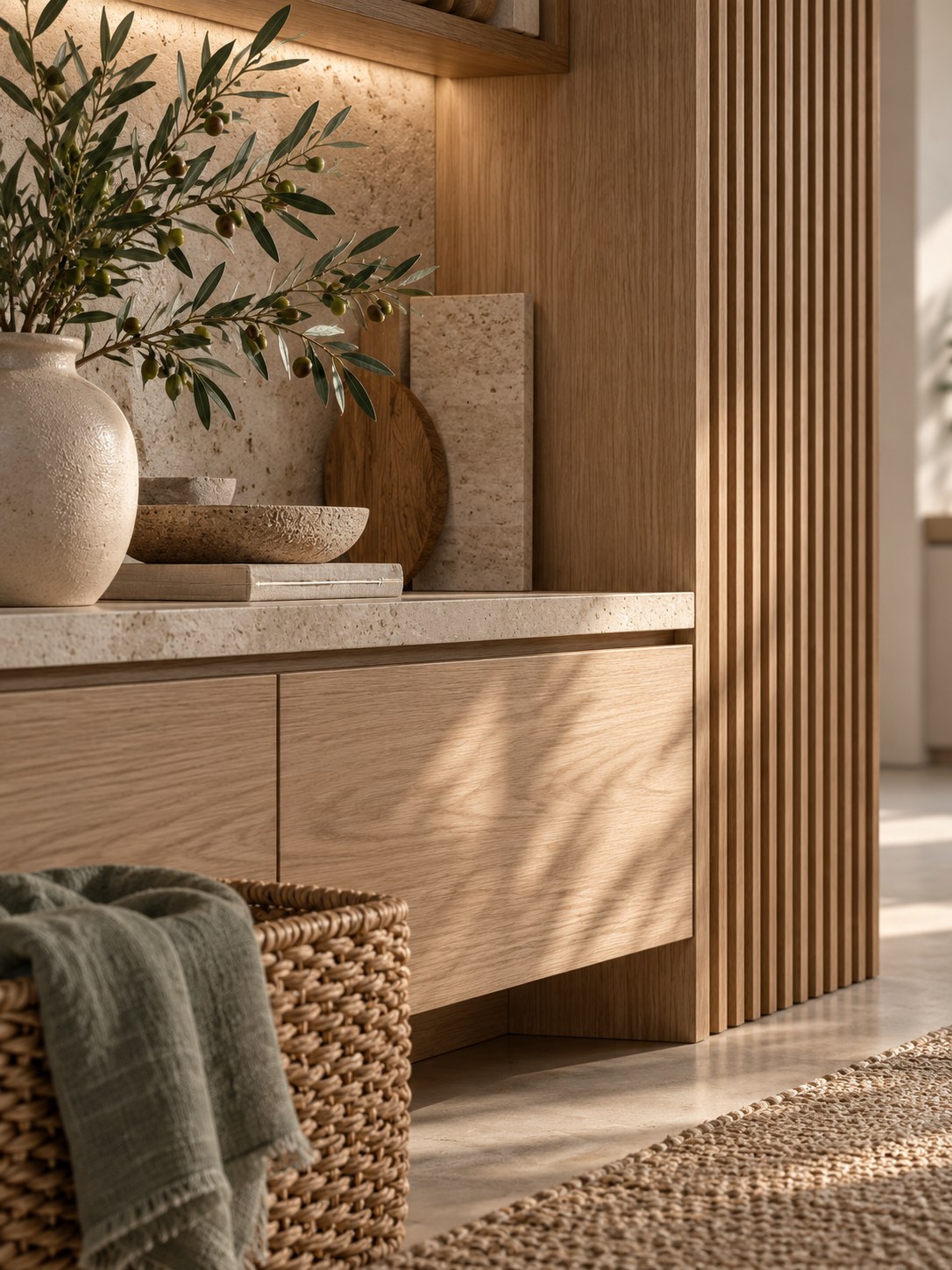 Dettaglio di rovere, doghe in legno, travertino e fibre naturali