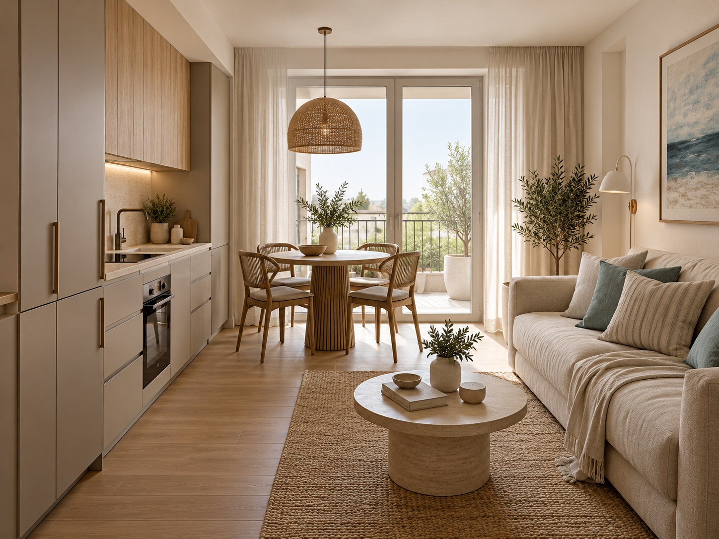 Zona giorno con cucina a parete, tavolo rotondo e divano